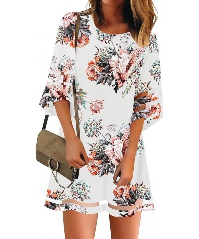 Women Casual Crewneck Mesh Panel 3/4 Bell Sleeve Loose Tunic Dress Floral Pirnt Brilliant White $18.89 Dresses