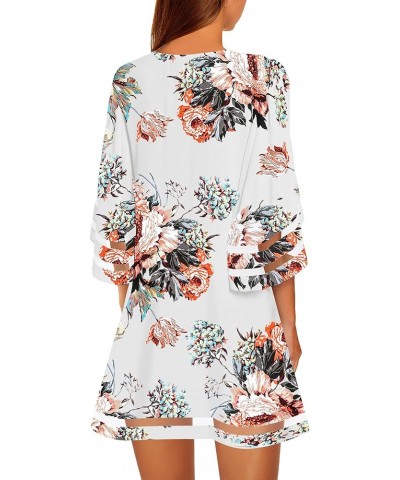 Women Casual Crewneck Mesh Panel 3/4 Bell Sleeve Loose Tunic Dress Floral Pirnt Brilliant White $18.89 Dresses