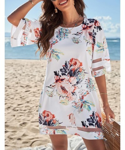 Women Casual Crewneck Mesh Panel 3/4 Bell Sleeve Loose Tunic Dress Floral Pirnt Brilliant White $18.89 Dresses