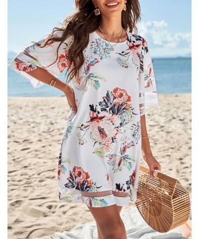 Women Casual Crewneck Mesh Panel 3/4 Bell Sleeve Loose Tunic Dress Floral Pirnt Brilliant White $18.89 Dresses