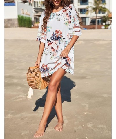 Women Casual Crewneck Mesh Panel 3/4 Bell Sleeve Loose Tunic Dress Floral Pirnt Brilliant White $18.89 Dresses