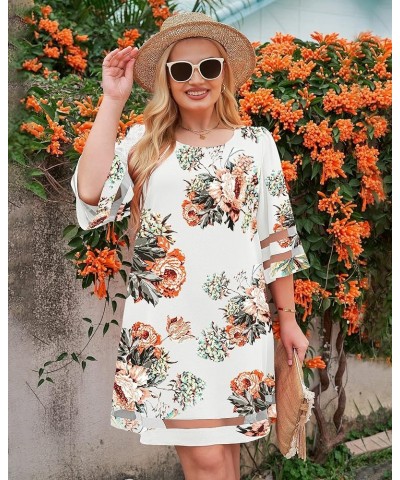 Women Casual Crewneck Mesh Panel 3/4 Bell Sleeve Loose Tunic Dress Floral Pirnt Brilliant White $18.89 Dresses