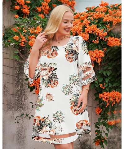 Women Casual Crewneck Mesh Panel 3/4 Bell Sleeve Loose Tunic Dress Floral Pirnt Brilliant White $18.89 Dresses