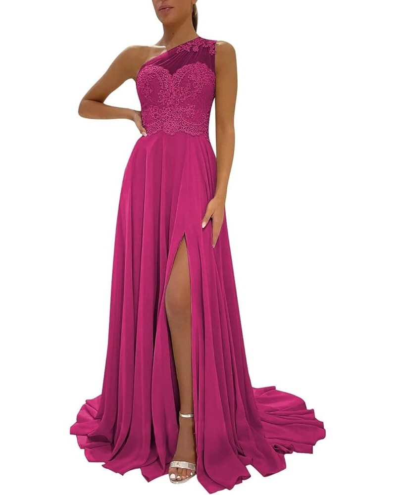 One Shoulder Chiffon Bridesmaid Dresses for Wedding 2024 Lace Slit Prom Dress with Pocket Evening Formal Gown Hot Pink $34.40...