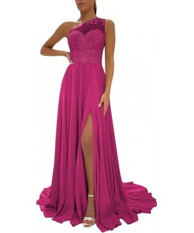 One Shoulder Chiffon Bridesmaid Dresses for Wedding 2024 Lace Slit Prom Dress with Pocket Evening Formal Gown Hot Pink $34.40...