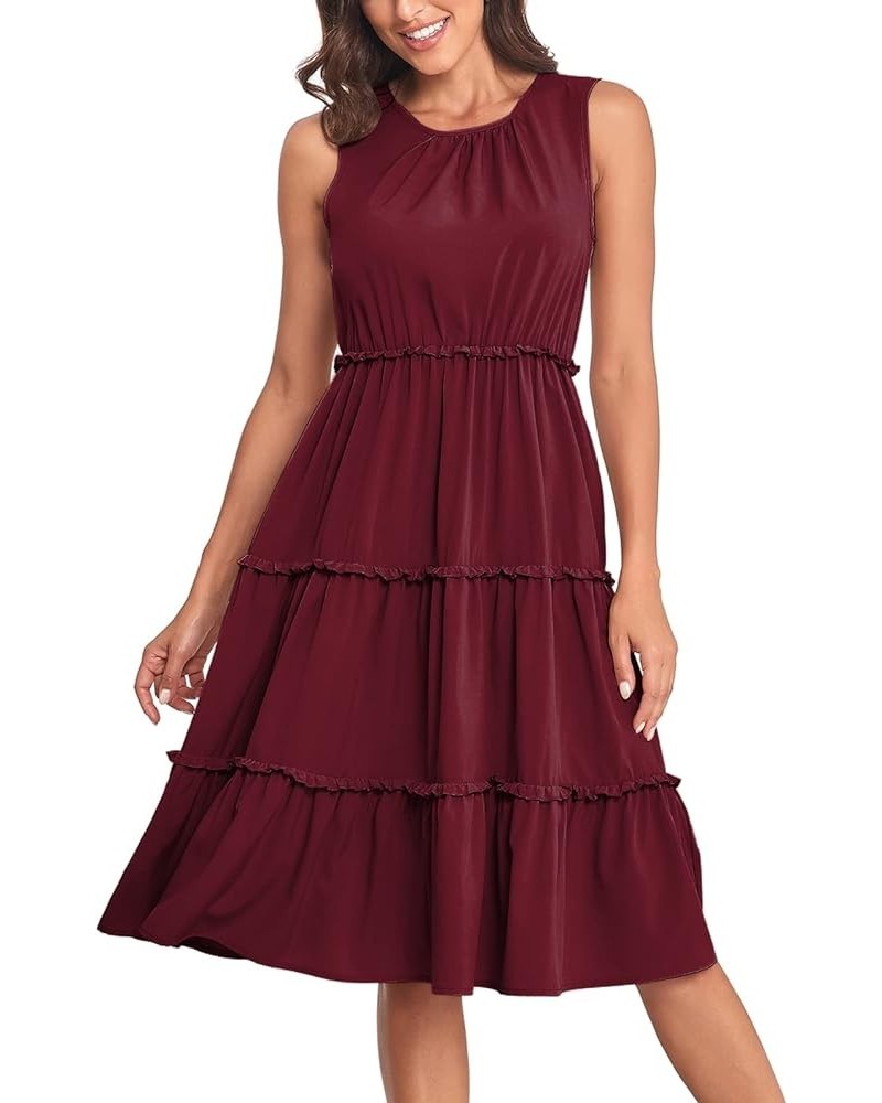 Women's Sleeveless Lace Trim A Line Dress Deep V Neck Midi Dresses Wine Red Crewneck $12.00 Dresses