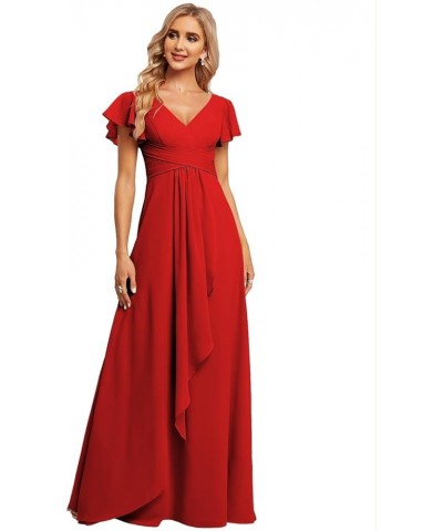 Women's Chiffon Bridesmaid Dresses with Ruffles Sleeves Pleated Long Formal Party Dress with Pockets Red $22.50 Dresses