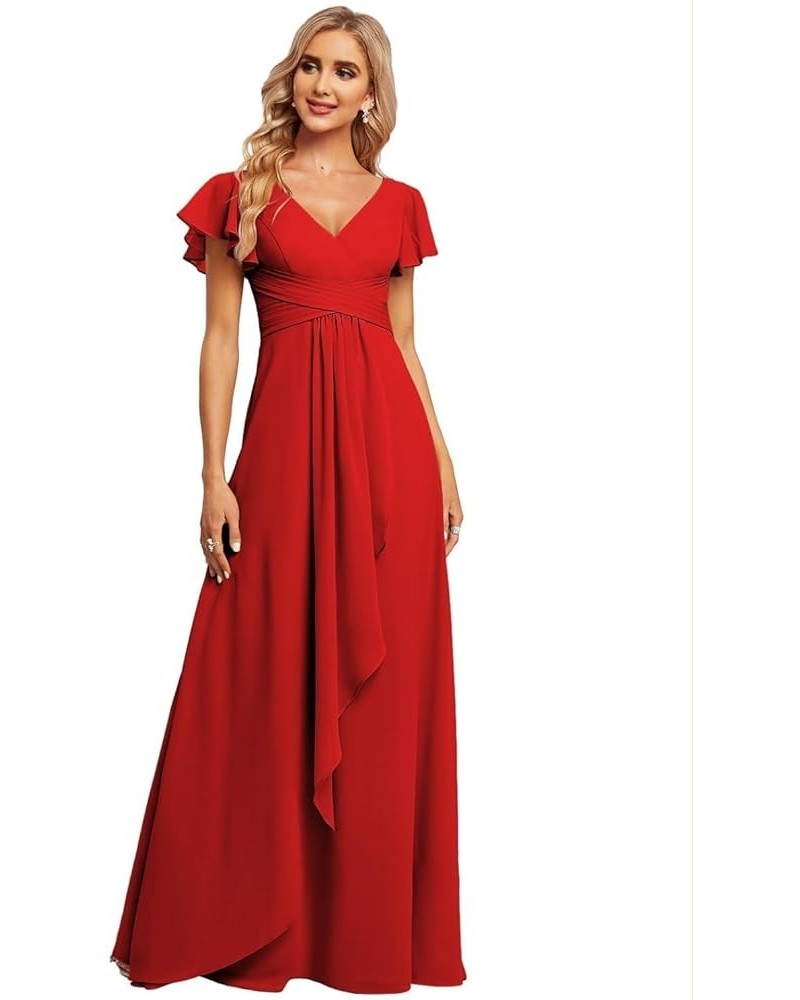 Women's Chiffon Bridesmaid Dresses with Ruffles Sleeves Pleated Long Formal Party Dress with Pockets Red $22.50 Dresses