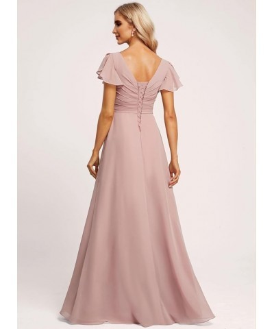 Women's Chiffon Bridesmaid Dresses with Ruffles Sleeves Pleated Long Formal Party Dress with Pockets Red $22.50 Dresses