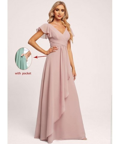 Women's Chiffon Bridesmaid Dresses with Ruffles Sleeves Pleated Long Formal Party Dress with Pockets Red $22.50 Dresses