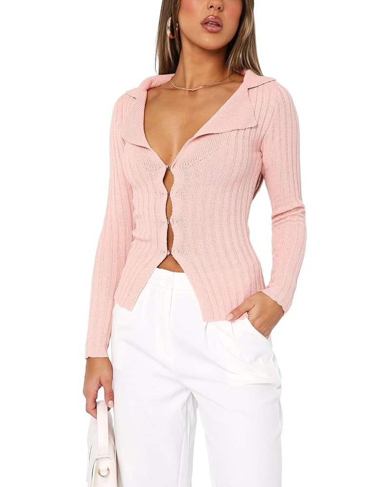 Sexy Lapel V Neck Ribbed Sweater for Women Bell Long Sleeve Slim Fitted Button Down Knit Cardigan Tops B-knitted Light Pink $...