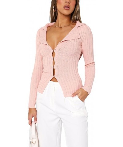 Sexy Lapel V Neck Ribbed Sweater for Women Bell Long Sleeve Slim Fitted Button Down Knit Cardigan Tops B-knitted Light Pink $...