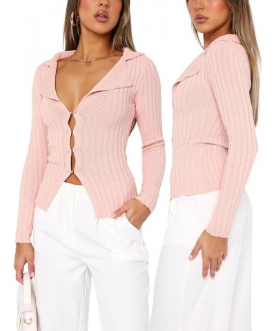 Sexy Lapel V Neck Ribbed Sweater for Women Bell Long Sleeve Slim Fitted Button Down Knit Cardigan Tops B-knitted Light Pink $...