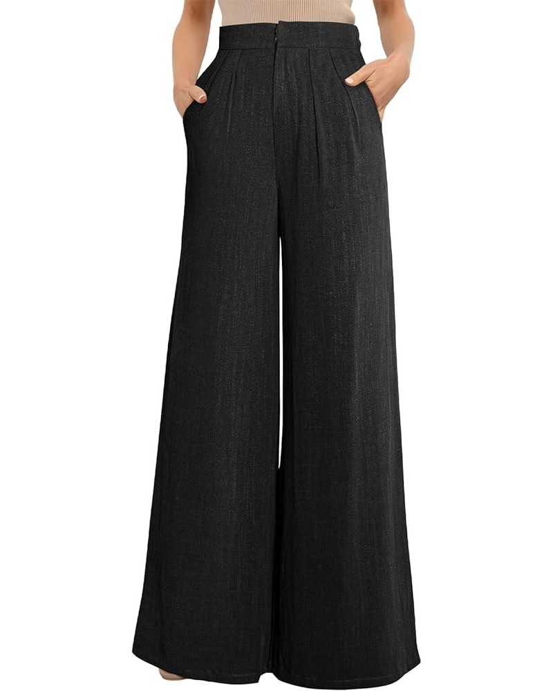 Women's Wide Leg Linen Pants Dressy Casual Elastic High Waisted Palazzo Pants Loose Flowy Trousers with Pockets B Black $10.7...