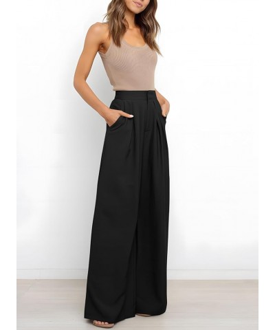 Women's Wide Leg Linen Pants Dressy Casual Elastic High Waisted Palazzo Pants Loose Flowy Trousers with Pockets B Black $10.7...