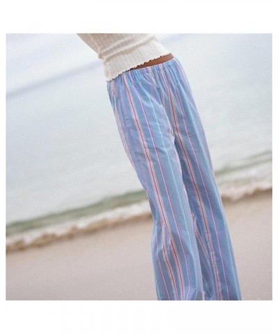 Women Y2K Striped Pants Loose Wide Leg Pinstripe Print Pants Casual High Waist Drawstring Lounge Pants Streetwear L Light Blu...