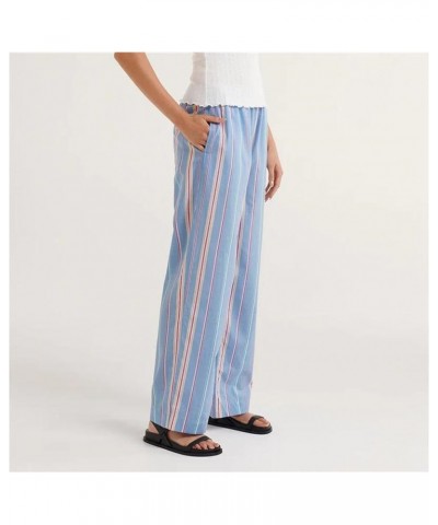 Women Y2K Striped Pants Loose Wide Leg Pinstripe Print Pants Casual High Waist Drawstring Lounge Pants Streetwear L Light Blu...