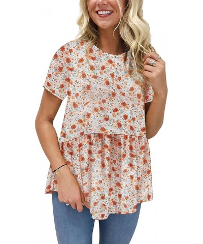 Women's Summer Tops Short Sleeve Round Neck Floral Print Shirt Tunic Blouse K11-flame Orange $13.99 Blouses