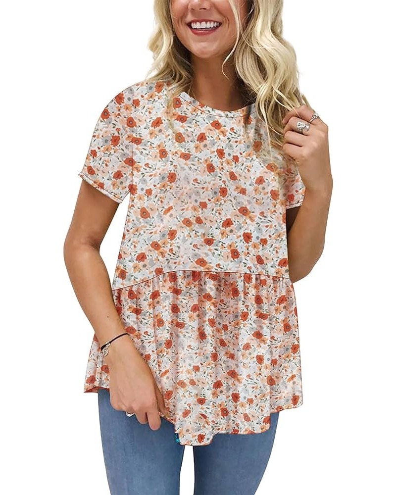 Women's Summer Tops Short Sleeve Round Neck Floral Print Shirt Tunic Blouse K11-flame Orange $13.99 Blouses