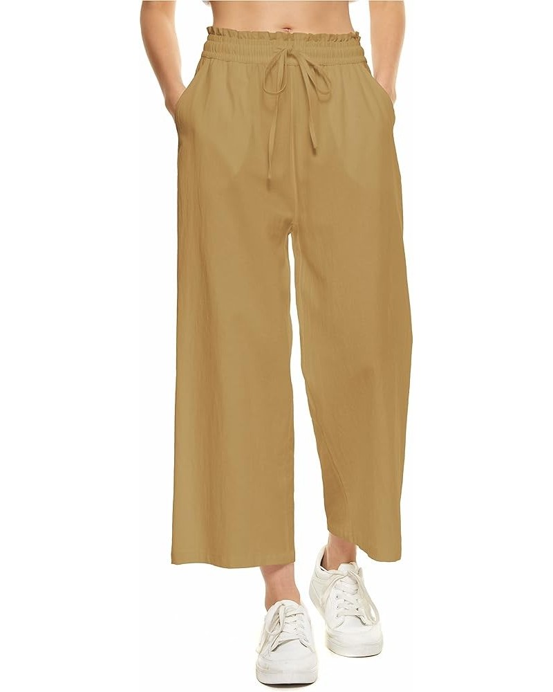 Womens Wide Leg Linen Pants High Waisted Drawstring 100% Linen Flowy Crop Trousers with Pockets Yellow $22.35 Pants