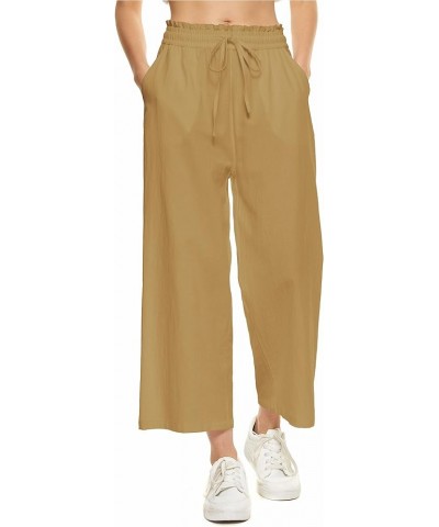 Womens Wide Leg Linen Pants High Waisted Drawstring 100% Linen Flowy Crop Trousers with Pockets Yellow $22.35 Pants