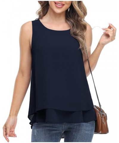 Women's Sleeveless Chiffon Tank Top Double Layers Casual Blouse Tunic Navy Blue $13.12 Tanks