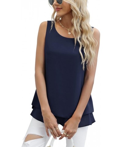 Women's Sleeveless Chiffon Tank Top Double Layers Casual Blouse Tunic Navy Blue $13.12 Tanks