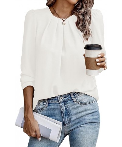 Womens Tops Dressy Casual Pleated Crew Neck Long Sleeve Shirts Office Work Chiffon Blouses White $18.23 Blouses