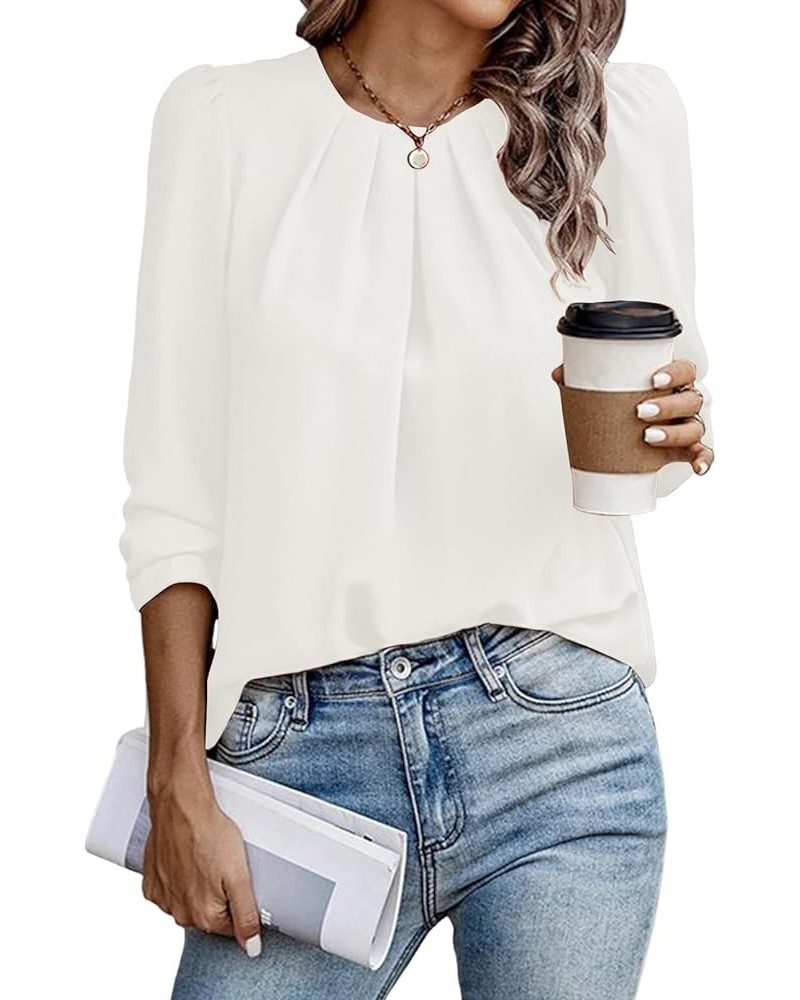 Womens Tops Dressy Casual Pleated Crew Neck Long Sleeve Shirts Office Work Chiffon Blouses White $18.23 Blouses