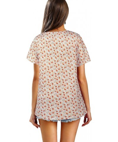 Women's Summer Tops Short Sleeve Round Neck Floral Print Shirt Tunic Blouse K11-flame Orange $13.99 Blouses