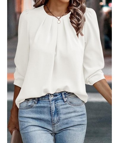 Womens Tops Dressy Casual Pleated Crew Neck Long Sleeve Shirts Office Work Chiffon Blouses White $18.23 Blouses