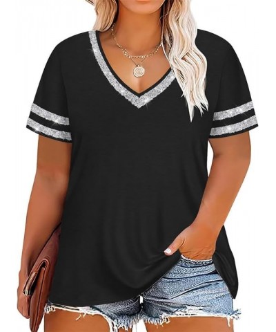 Plus Size Tops For Women Short Sleeve T Shirt Casual Summer V Neck Tunics Tees XL-5XL A125-sequins $13.24 Tops