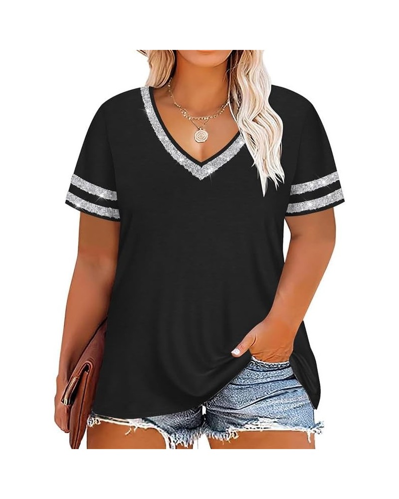 Plus Size Tops For Women Short Sleeve T Shirt Casual Summer V Neck Tunics Tees XL-5XL A125-sequins $13.24 Tops