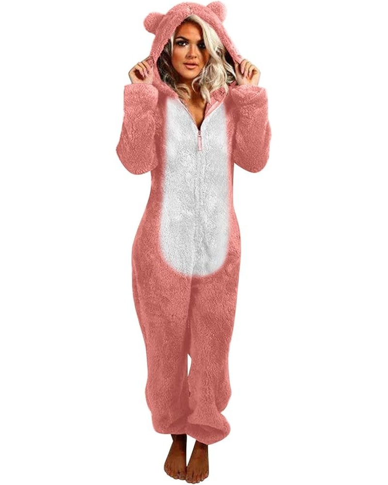 Sherpa Jumpsuit Women Women's Fuzzy Pajamas Long Sleeve Adult Cat Onesie Pajamas Winter Rompers Sleepwear Bear Costume Pink O...