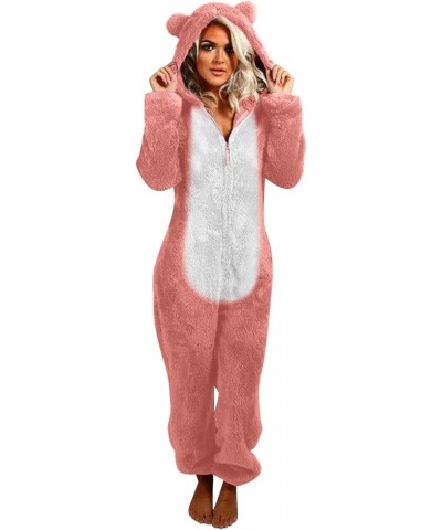 Sherpa Jumpsuit Women Women's Fuzzy Pajamas Long Sleeve Adult Cat Onesie Pajamas Winter Rompers Sleepwear Bear Costume Pink O...