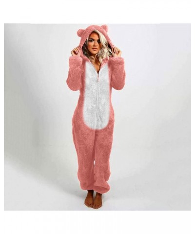 Sherpa Jumpsuit Women Women's Fuzzy Pajamas Long Sleeve Adult Cat Onesie Pajamas Winter Rompers Sleepwear Bear Costume Pink O...