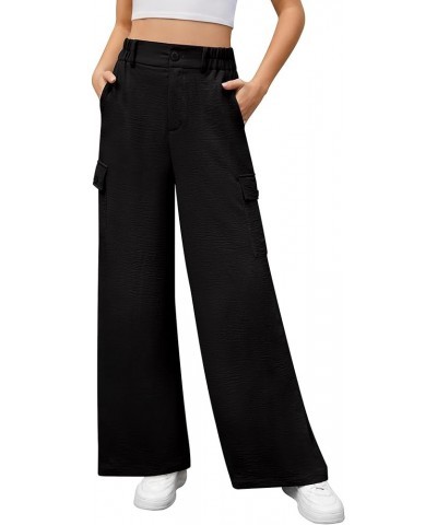 Women's Casual Wide Leg Cargo Pants with 4 Pockets High Waist Work Wide-Leg Baggy Pants 01black $10.50 Pants