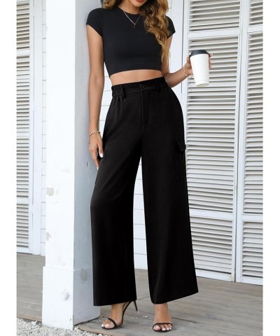 Women's Casual Wide Leg Cargo Pants with 4 Pockets High Waist Work Wide-Leg Baggy Pants 01black $10.50 Pants