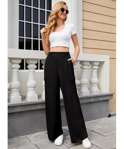 Women's Casual Wide Leg Cargo Pants with 4 Pockets High Waist Work Wide-Leg Baggy Pants 01black $10.50 Pants