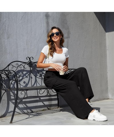 Women's Casual Wide Leg Cargo Pants with 4 Pockets High Waist Work Wide-Leg Baggy Pants 01black $10.50 Pants