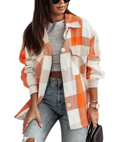 Women's Casual Plaid Flannel Tartan Shirt Long Sleeve Button Down Checked Shacket Jacket Orange $16.80 Blouses