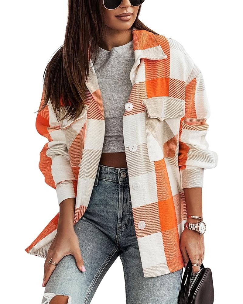 Women's Casual Plaid Flannel Tartan Shirt Long Sleeve Button Down Checked Shacket Jacket Orange $16.80 Blouses