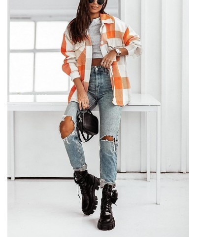 Women's Casual Plaid Flannel Tartan Shirt Long Sleeve Button Down Checked Shacket Jacket Orange $16.80 Blouses