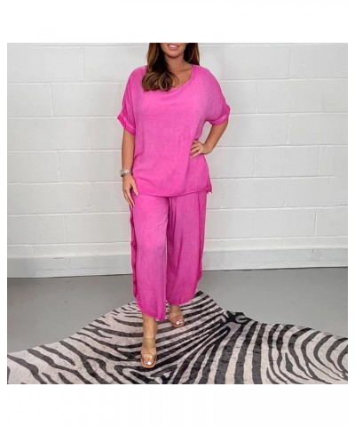 2023 New Sleeve Trouser Set for Women, 2-Piece Sleeved Trouser Suit, Loose Fit Short Sleeve Top Style Fashion Set Rose Red Me...