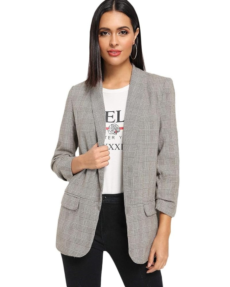 Women's Long Sleeve Open Front Leopard Print Blazer Grey Plaid $18.06 Blazers