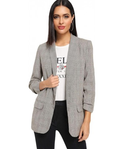 Women's Long Sleeve Open Front Leopard Print Blazer Grey Plaid $18.06 Blazers