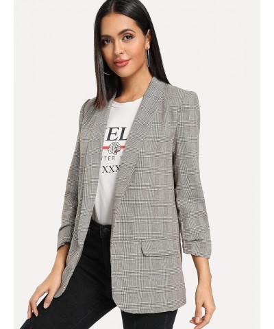 Women's Long Sleeve Open Front Leopard Print Blazer Grey Plaid $18.06 Blazers