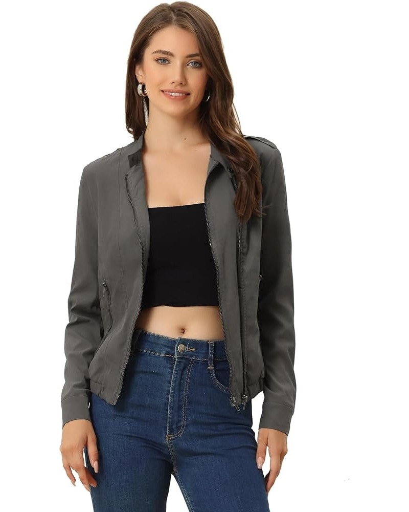 Women's Lightweight Classic Casual Stand Collar Pocket Short Biker Moto Jacket Dark Grey $28.79 Jackets