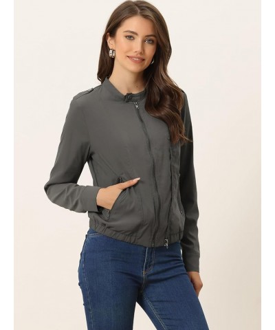 Women's Lightweight Classic Casual Stand Collar Pocket Short Biker Moto Jacket Dark Grey $28.79 Jackets