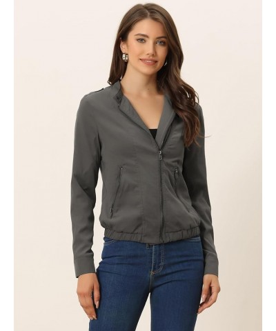 Women's Lightweight Classic Casual Stand Collar Pocket Short Biker Moto Jacket Dark Grey $28.79 Jackets